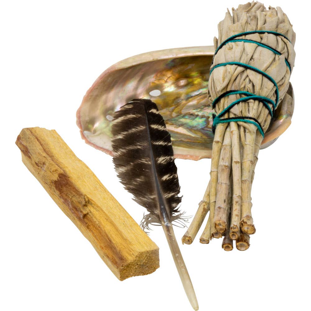 Start your energy-clearing journey with our beginner smudge kit—sage, palo santo, feather wand, and abalone shell.