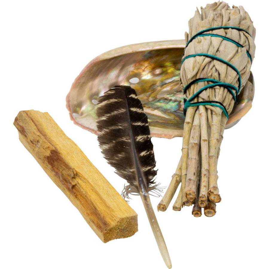Start your energy-clearing journey with our beginner smudge kit—sage, palo santo, feather wand, and abalone shell.