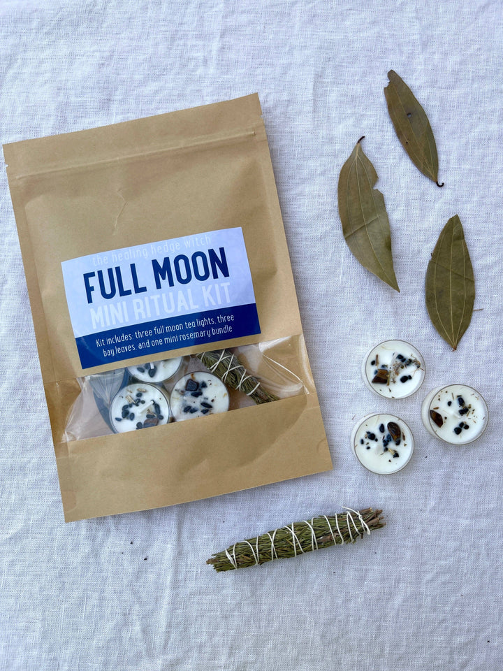 Cleanse, reflect, and release with our Full Moon Mini Ritual Kit—rosemary, tea lights, bay leaves for sacred lunar ceremonies