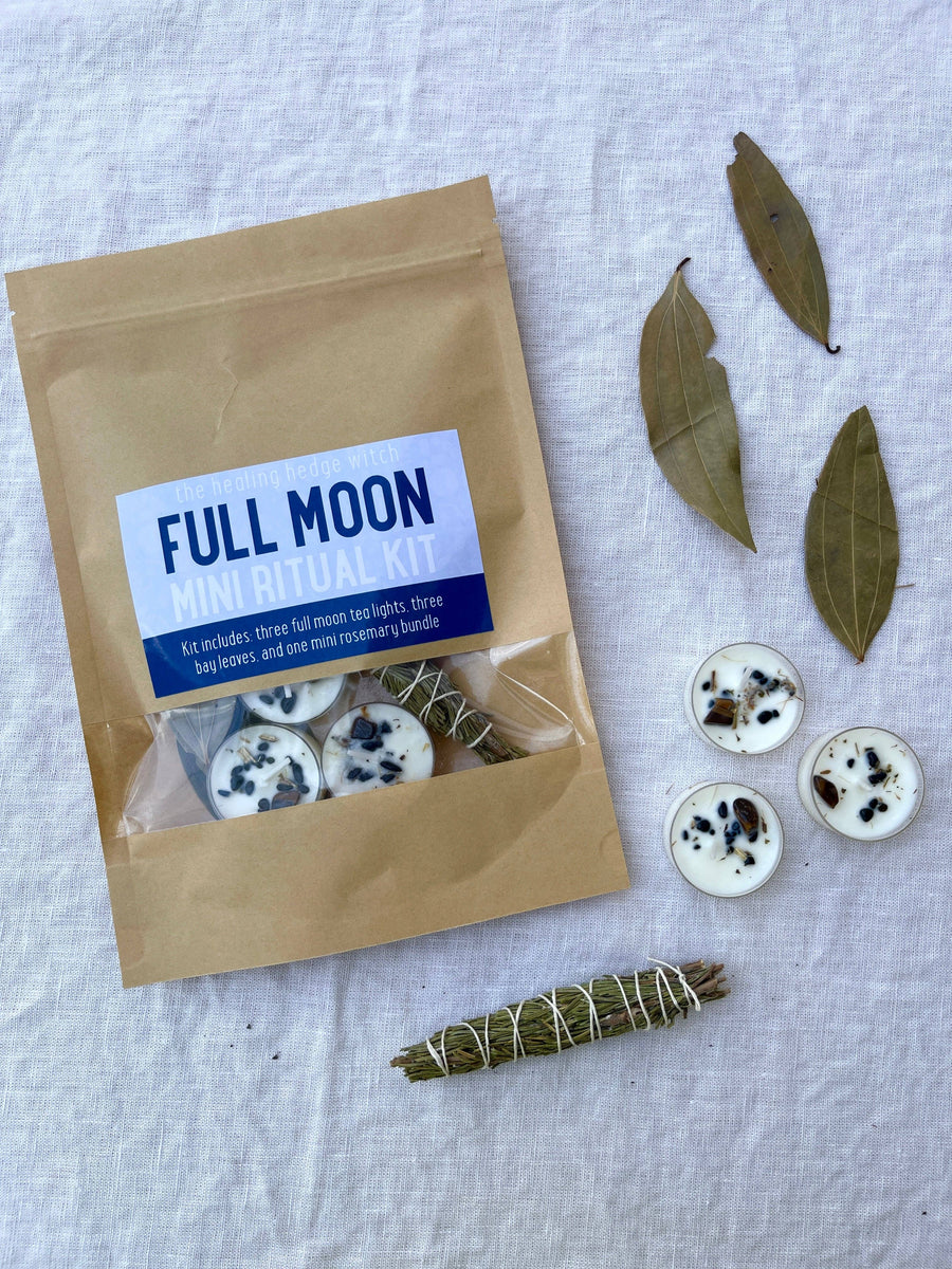 Cleanse, reflect, and release with our Full Moon Mini Ritual Kit—rosemary, tea lights, bay leaves for sacred lunar ceremonies
