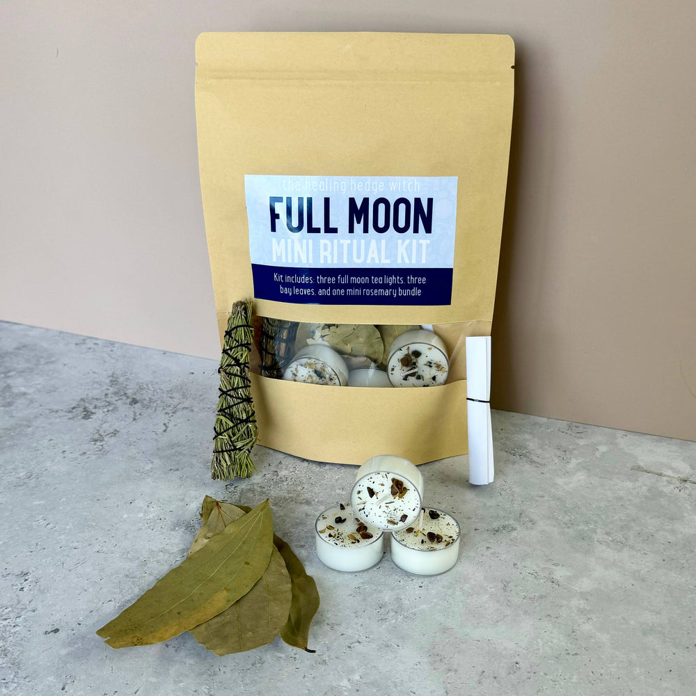 Cleanse, reflect, and release with our Full Moon Mini Ritual Kit—rosemary, tea lights, bay leaves for sacred lunar ceremonies