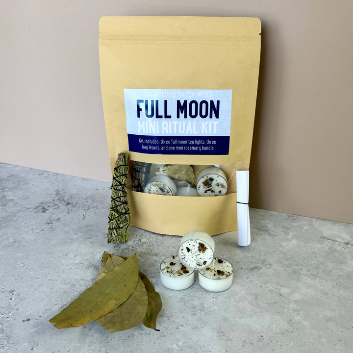 Cleanse, reflect, and release with our Full Moon Mini Ritual Kit—rosemary, tea lights, bay leaves for sacred lunar ceremonies