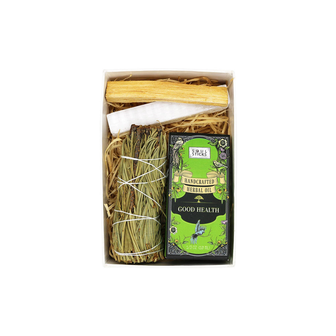 Support clarity and healing with our Good Health Intention Kit—pine sage, herbal oil, selenite, and palo santo for alignment.