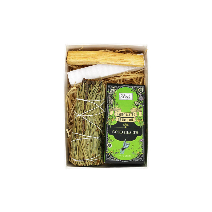 Support clarity and healing with our Good Health Intention Kit—pine sage, herbal oil, selenite, and palo santo for alignment.