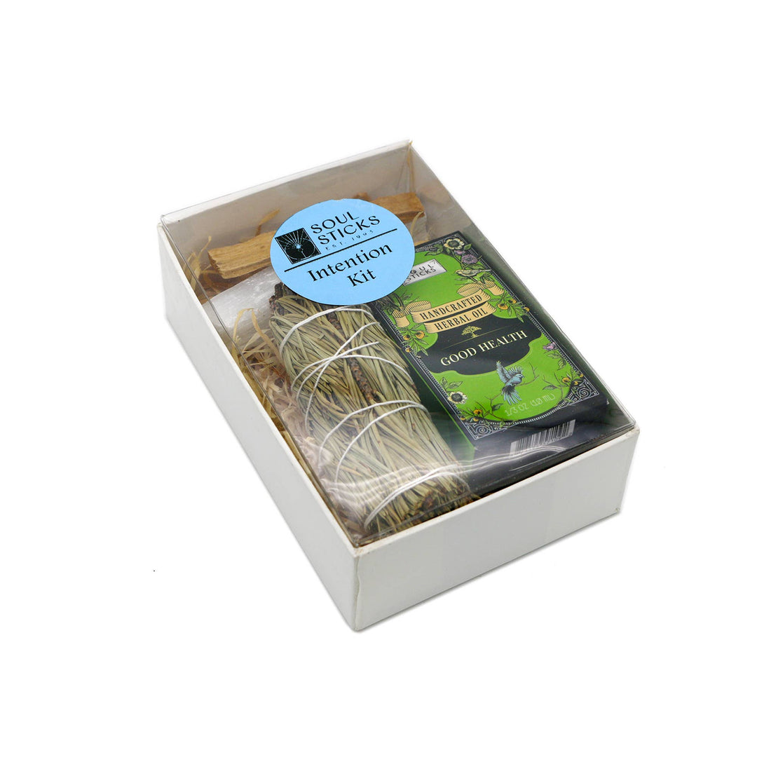 Support clarity and healing with our Good Health Intention Kit—pine sage, herbal oil, selenite, and palo santo for alignment.