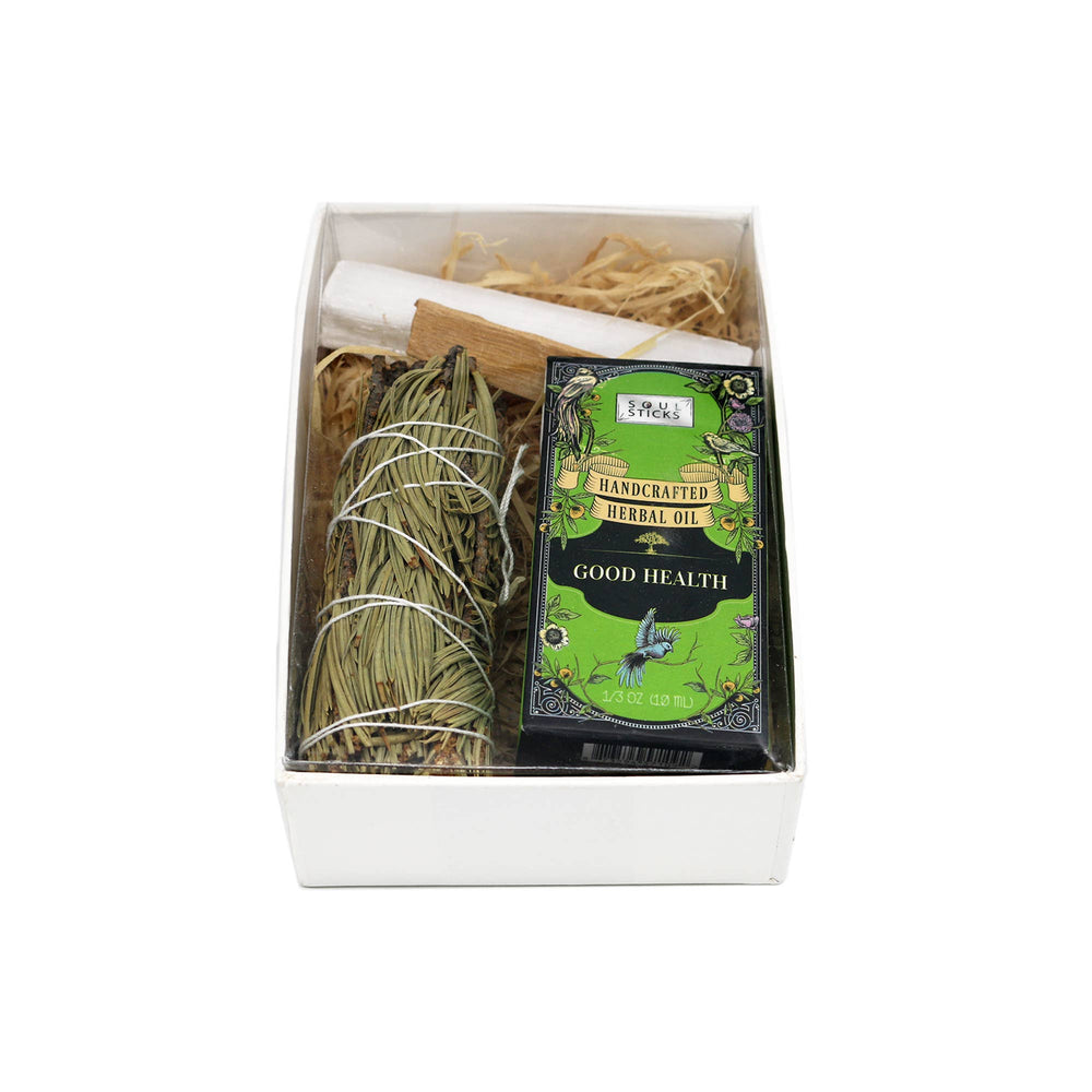 Support clarity and healing with our Good Health Intention Kit—pine sage, herbal oil, selenite, and palo santo for alignment.