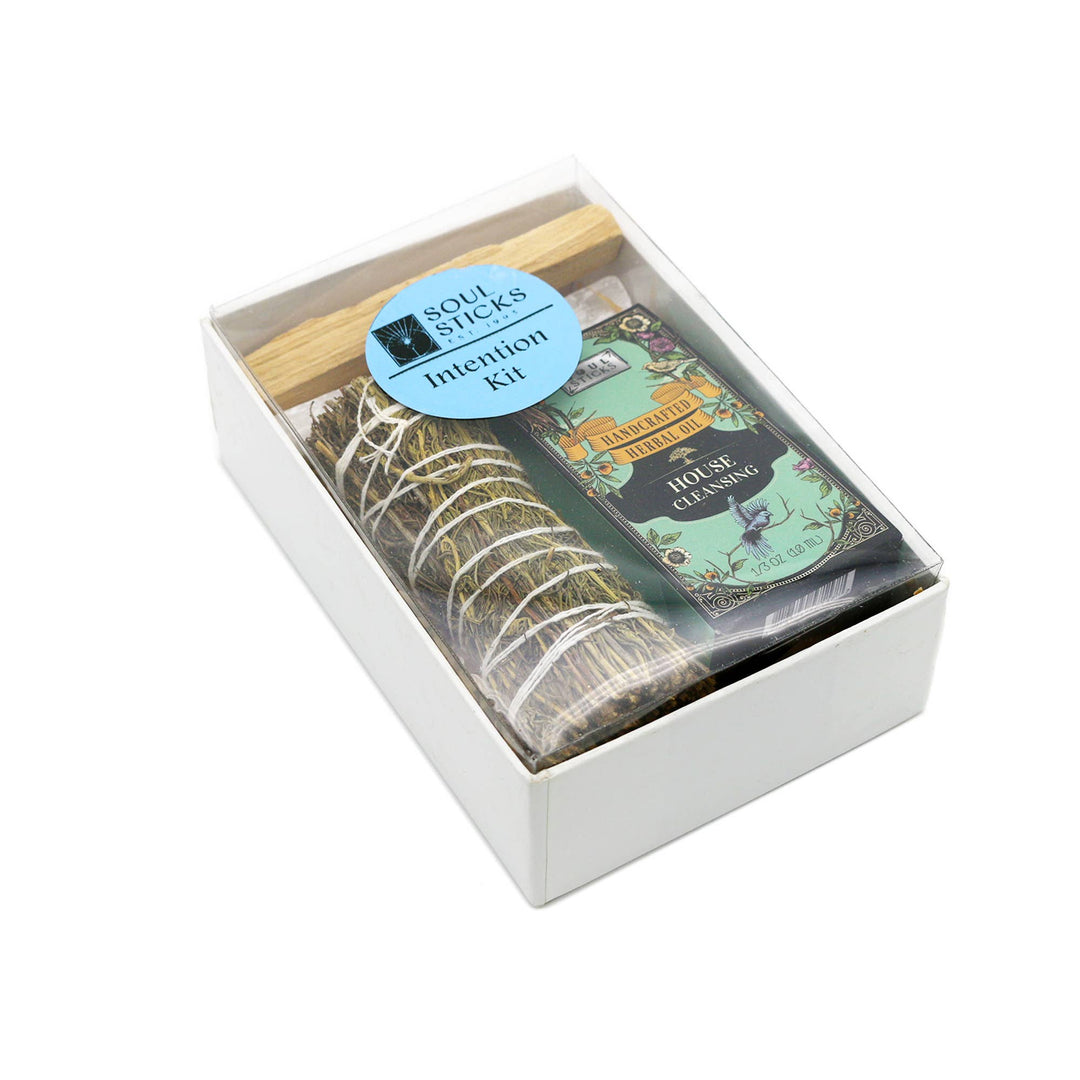Cleanse and realign with our house cleansing kit—pine sage, herbal oil, selenite, and palo santo for clarity and balance.