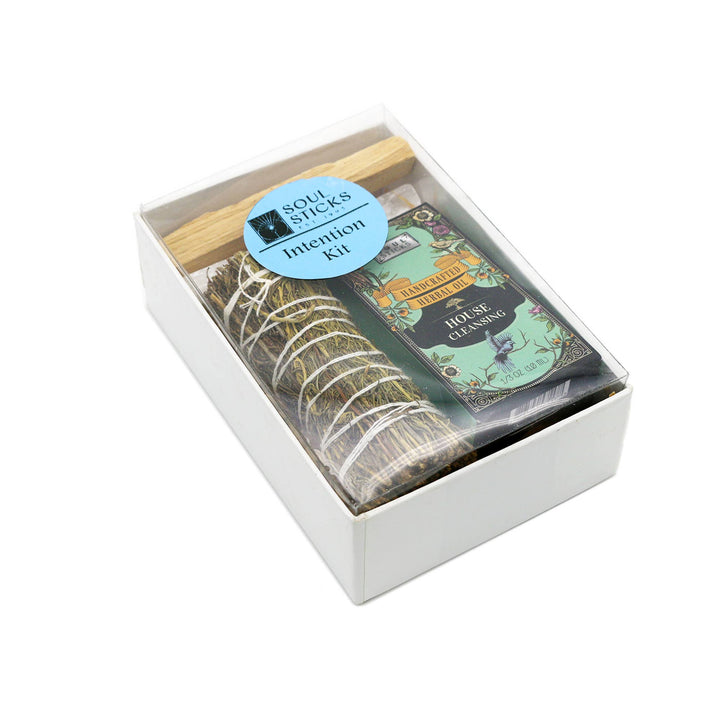 Cleanse and realign with our house cleansing kit—pine sage, herbal oil, selenite, and palo santo for clarity and balance.