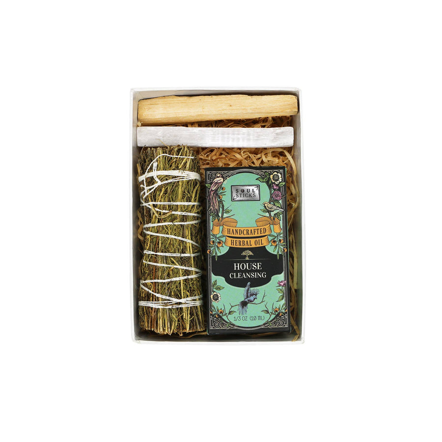 Cleanse and realign with our house cleansing kit—pine sage, herbal oil, selenite, and palo santo for clarity and balance.