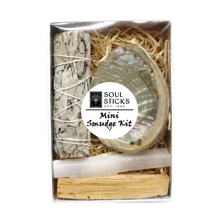 Cleanse and center with our mini smudge kit—white sage, selenite, palo santo, and abalone shell for rituals, and clearing.