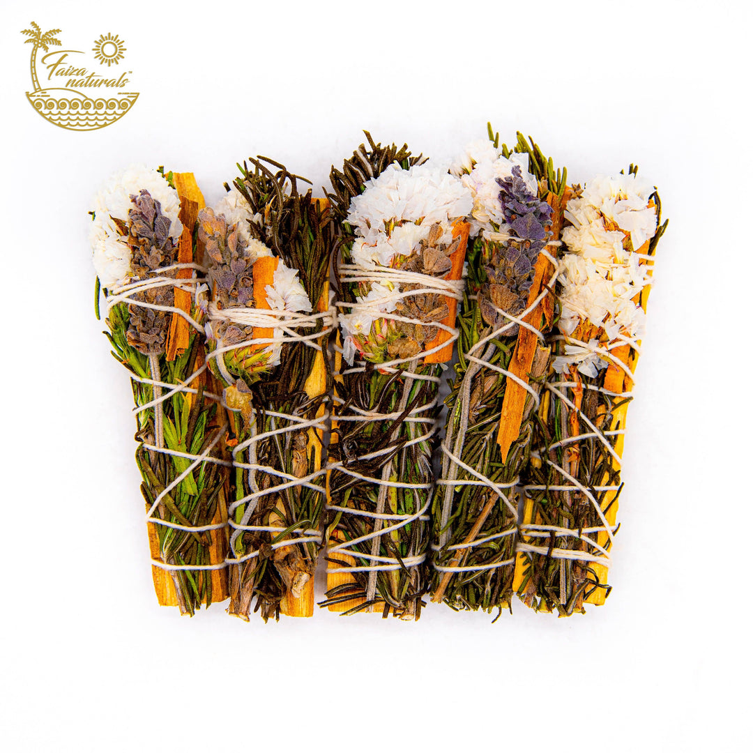 Cleanse and uplift with floral Palo Santo smudge sticks—lavender, rosemary, cinnamon, and sinuata for sacred energy clearing.