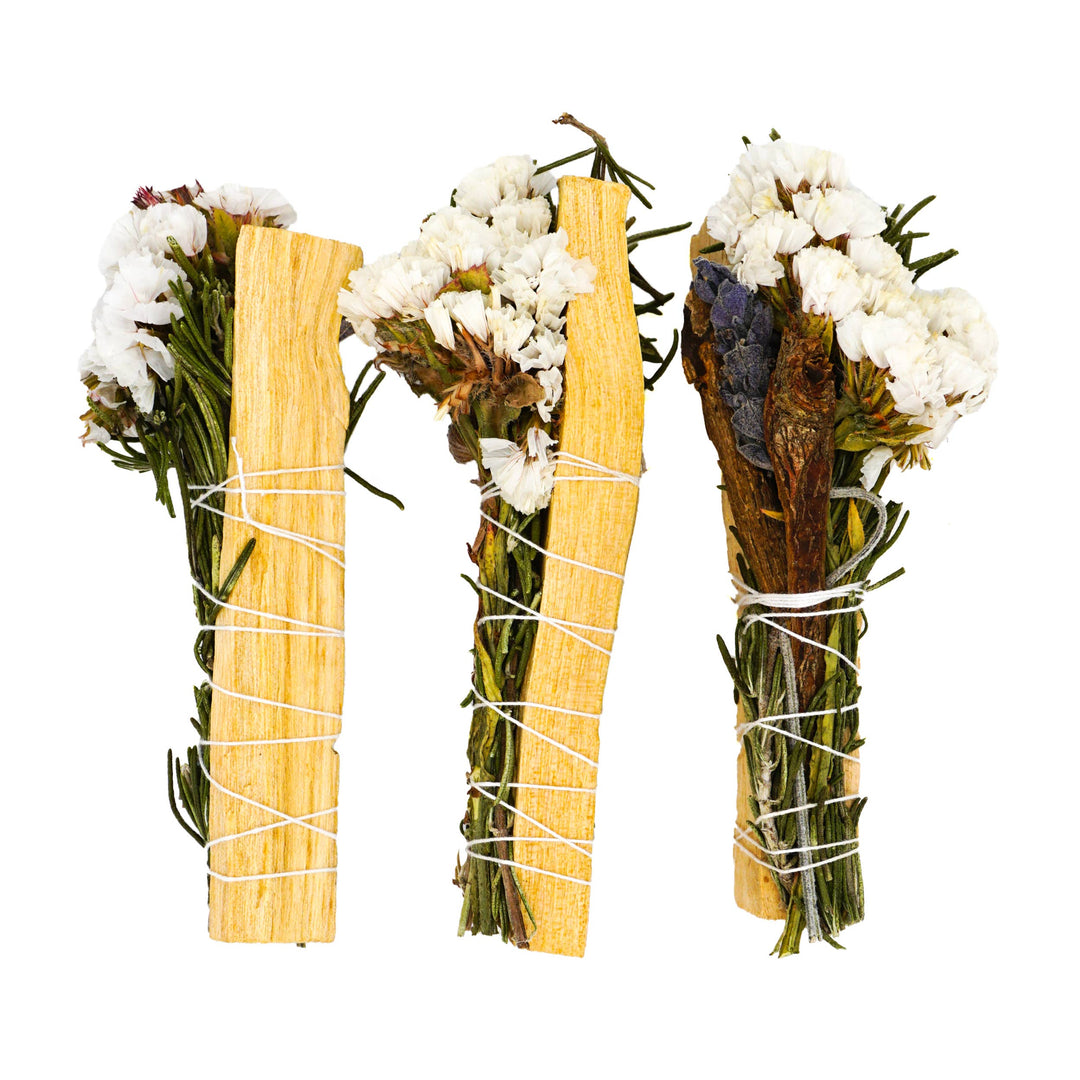 Cleanse and uplift with floral Palo Santo smudge sticks—lavender, rosemary, cinnamon, and sinuata for sacred energy clearing.