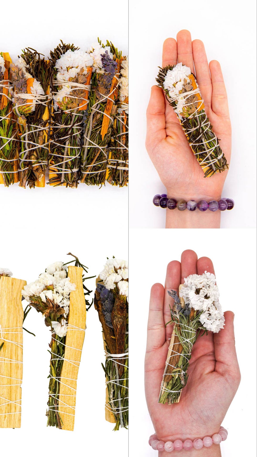 Cleanse and uplift with floral Palo Santo smudge sticks—lavender, rosemary, cinnamon, and sinuata for sacred energy clearing.