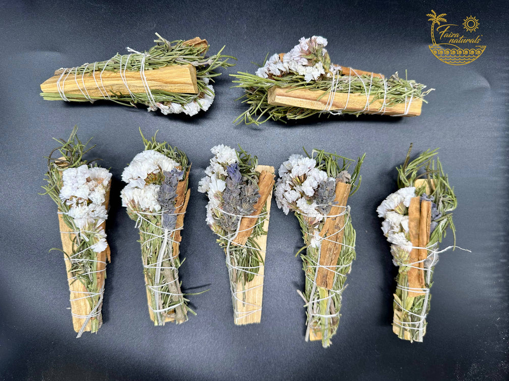 Cleanse and uplift with floral Palo Santo smudge sticks—lavender, rosemary, cinnamon, and sinuata for sacred energy clearing.
