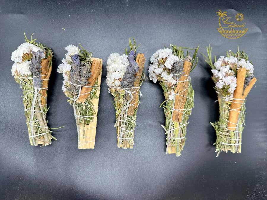 Cleanse and uplift with floral Palo Santo smudge sticks—lavender, rosemary, cinnamon, and sinuata for sacred energy clearing.