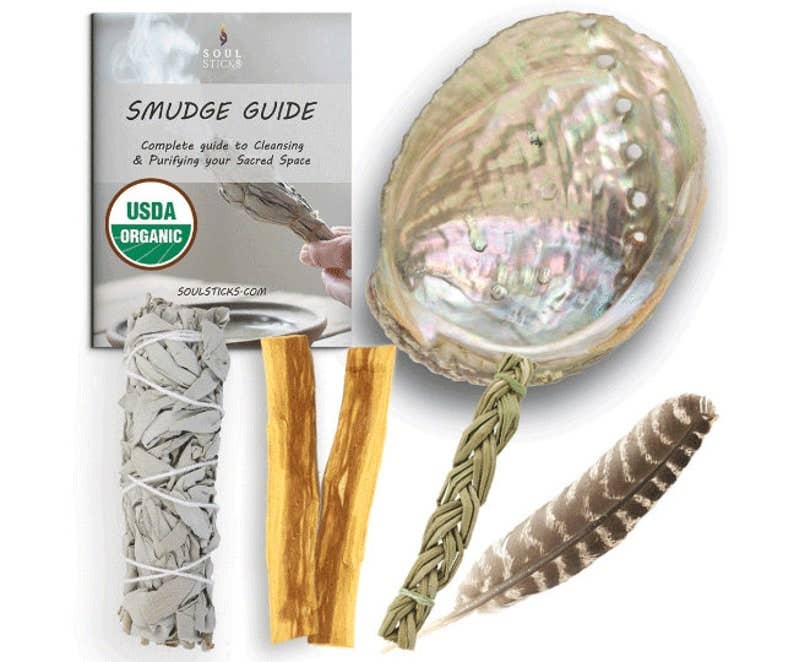 Begin your smudging journey with our starter kit—white sage, palo santo, sweetgrass, abalone shell, feather, and ritual guide