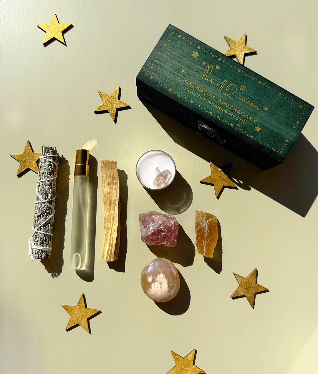 Reset and protect your energy with this crystal and smudge kit—sage, palo santo, spray, and stones for grounding and balance.