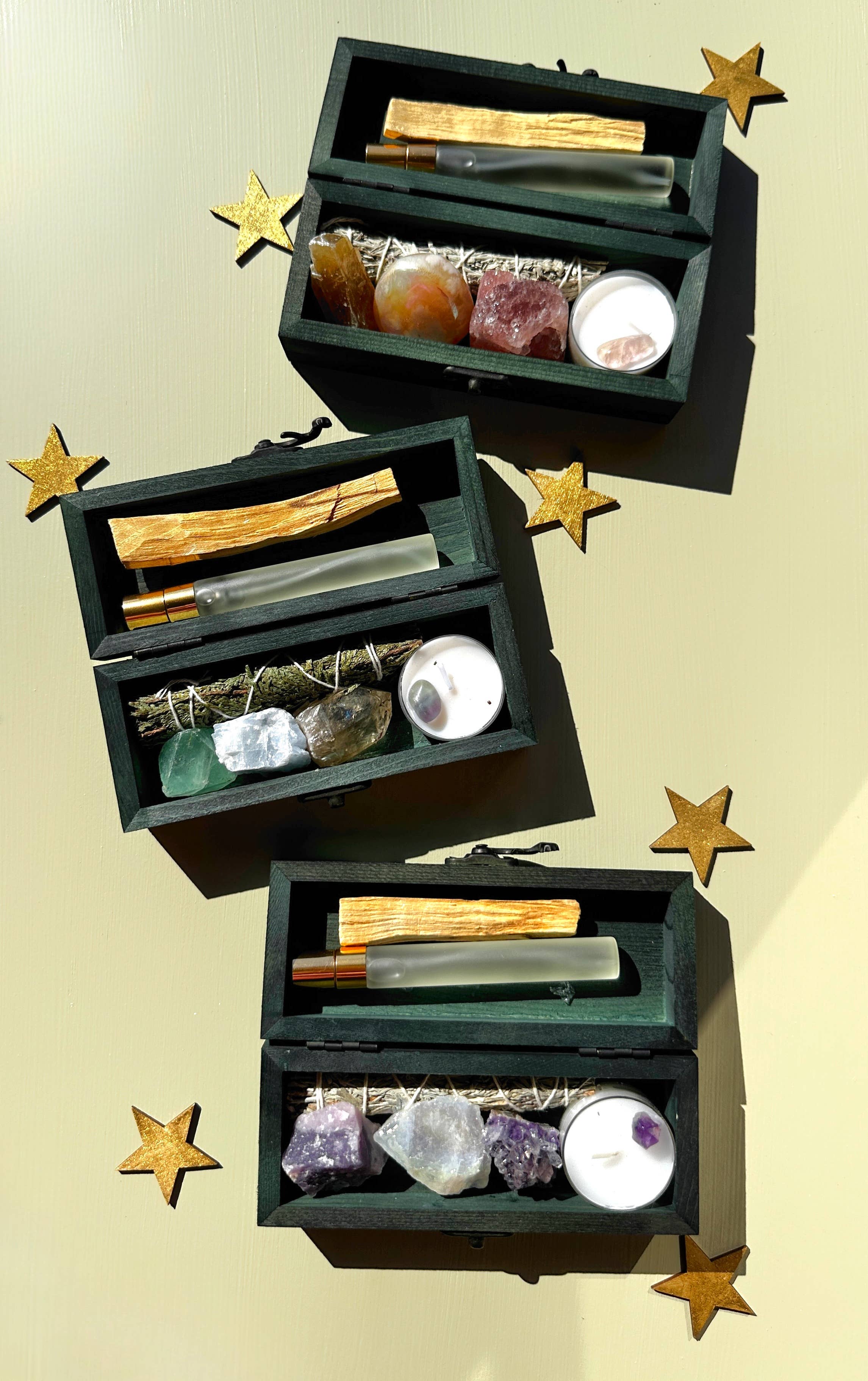 Reset and protect your energy with this crystal and smudge kit—sage, palo santo, spray, and stones for grounding and balance.