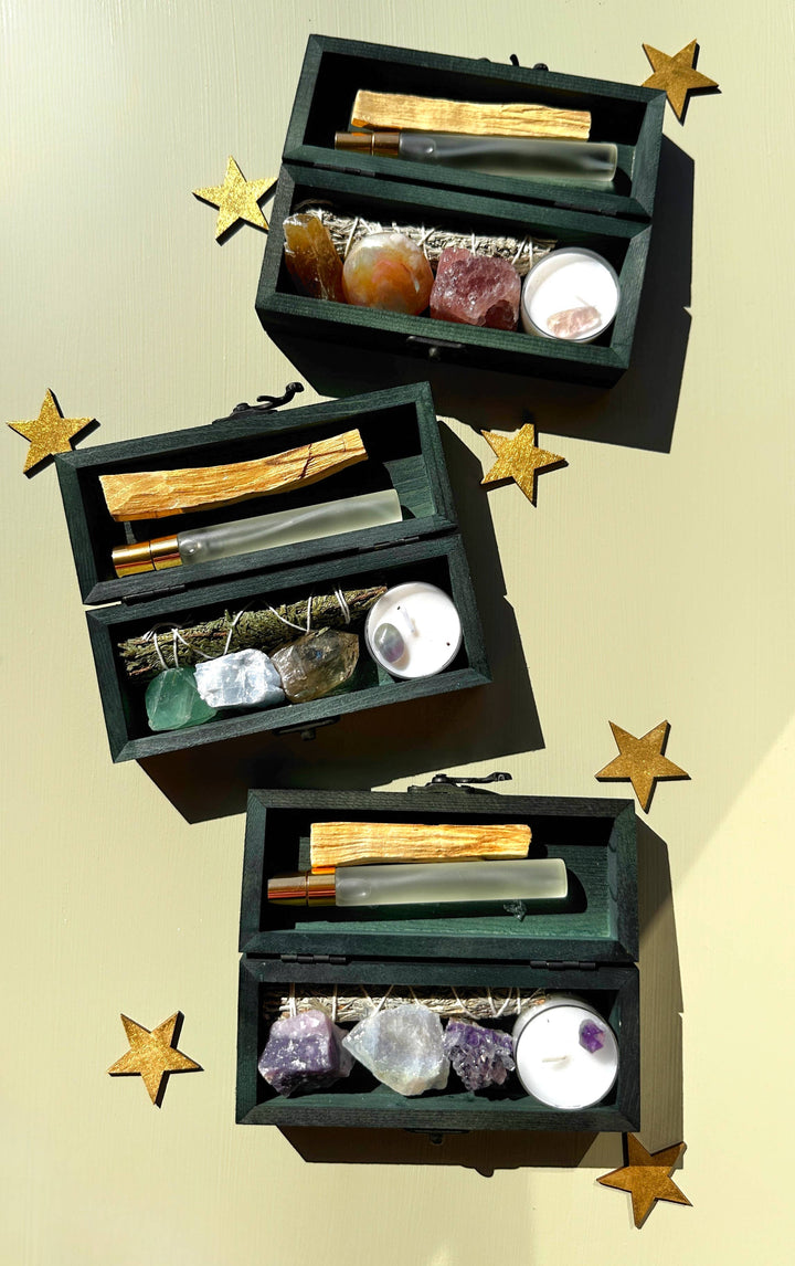 Reset and protect your energy with this crystal and smudge kit—sage, palo santo, spray, and stones for grounding and balance.