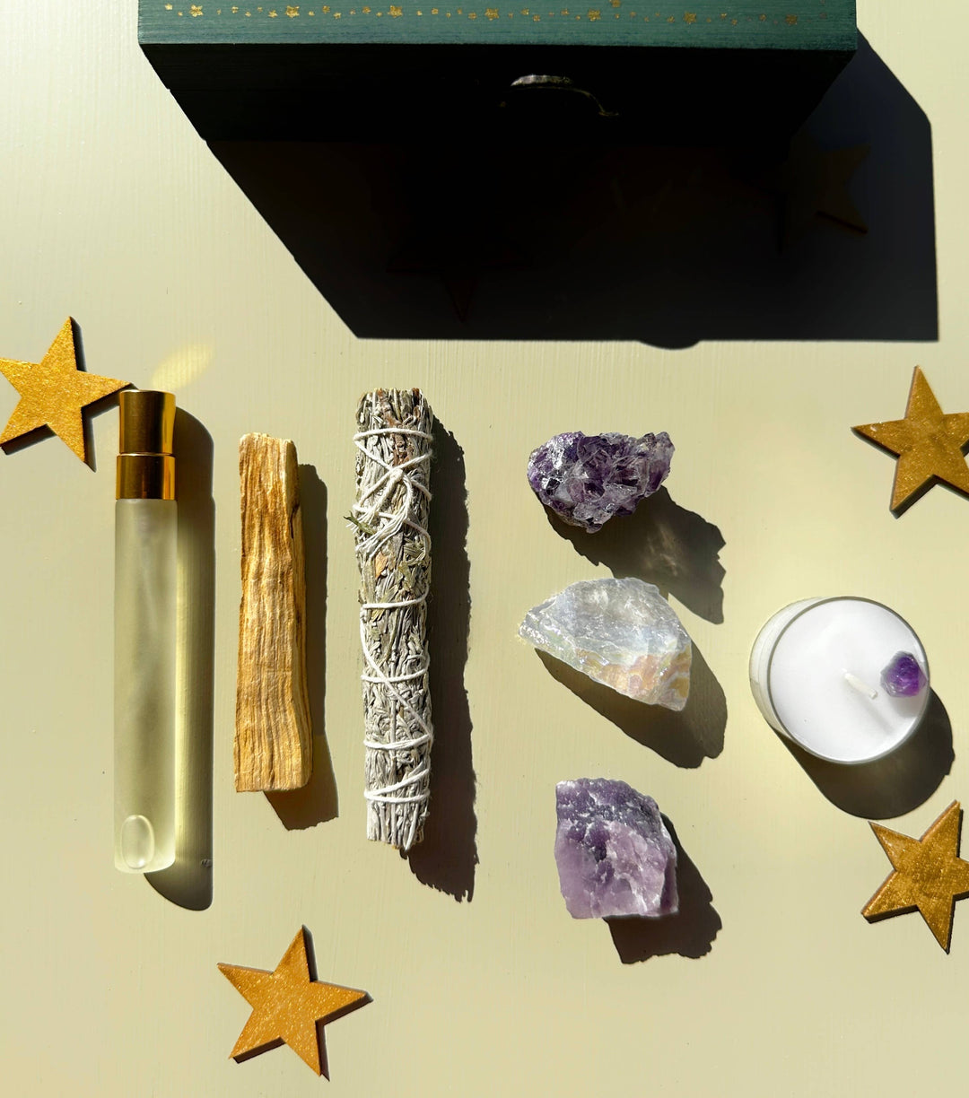 Reset and protect your energy with this crystal and smudge kit—sage, palo santo, spray, and stones for grounding and balance.